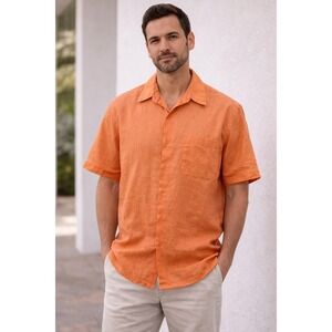 RLV Platinum Button Up Shirt Mens Large Orange Excellent 100% Linen Short Sleeve